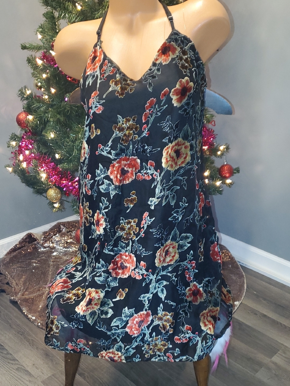 She + Sky Black Strapless Floral Slip Dress with Red and Yellow Blooms NWOT